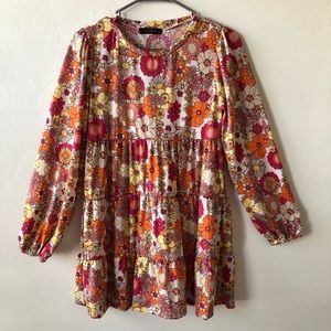 SAINTS 21 Womens Short Tiered Dress Size Small Retro Pattern Long Sleeves New